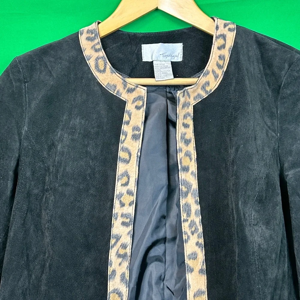 Spiegel Black Suede Leopard Trim Collarless‎ Open Front Jacket Women's Size 8